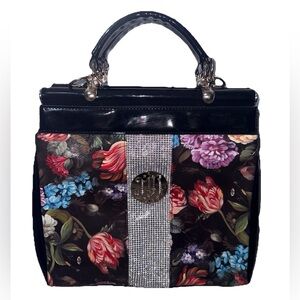 Julia & Michael Floral Satchel Handbag Rhinestone Detail Black Patent Purse